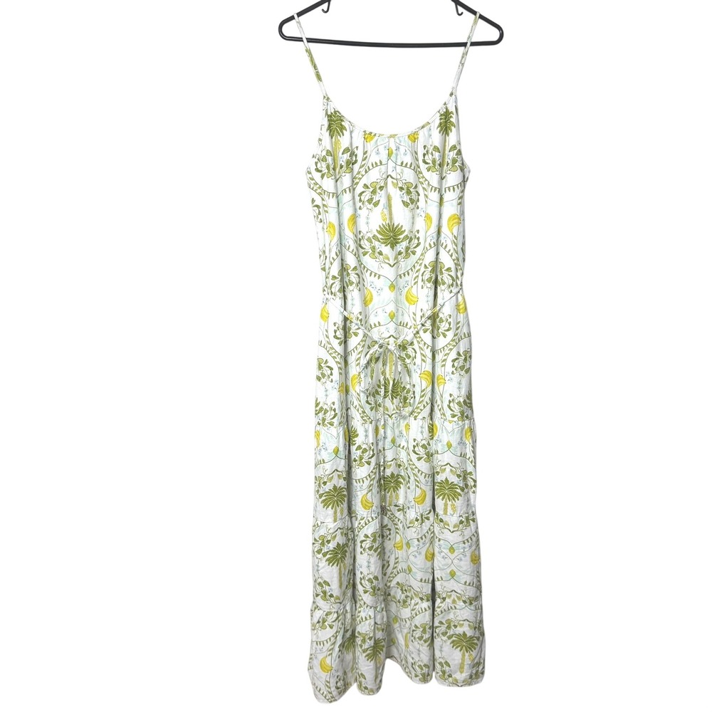 Calypso St Barth Green Yellow Tropical Palm Linen Rich Tiered Maxi Dress NWT M